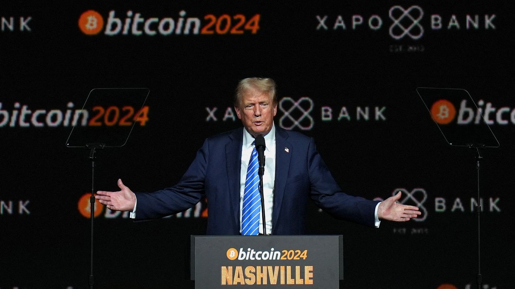 <div class="paragraphs"><p>Republican presidential nominee and former U.S. President Donald Trump speaks at the Bitcoin 2024 event in Nashville, Tennessee, US, July 27, 2024.</p></div>